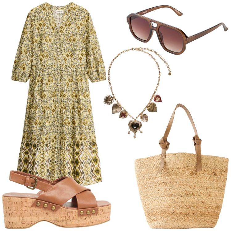 Outfit donna - Vestito lungo fantasia. Stile Trendy per Tutti i giorni. Abbinamento con vestiti midi/longuette, zeppe, shopping bag, occhiali da sole, collane.