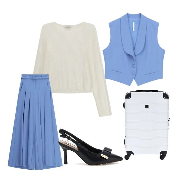 Outfit donna - Parto per il matrimonio. Stile Bon Ton per Cerimonia. Abbinamento con gilet, pantaloni a palazzo, top, décolleté, valigie.