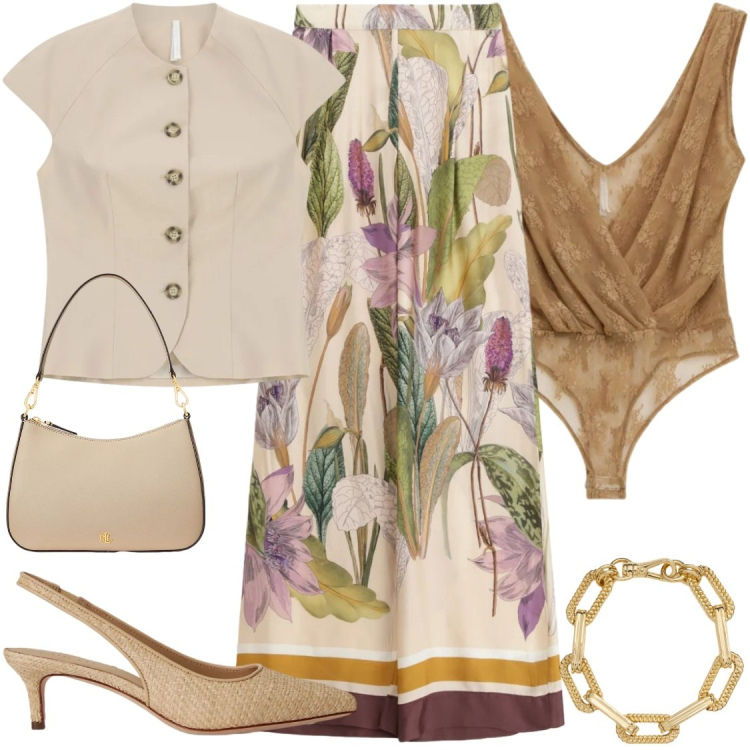 Outfit donna - Sinfonie botanical Cerimonie in giardino. Stile Bon Ton per Cerimonia. Abbinamento con gilet, top, pantaloni a palazzo, braccialetti, décolleté, borse a spalla.