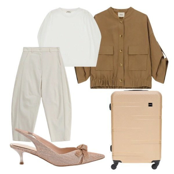 Outfit donna - Parto per la cerimonia. Stile Casual chic per Cerimonia. Abbinamento con pantaloni, décolleté, top, cappotti, valigie.
