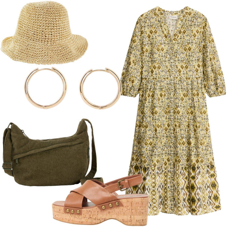 Outfit donna - bonprix - Boho Spring Vibes. Stile Boho per Tutti i giorni. Abbinamento con cappelli, borse a tracolla, orecchini, vestiti midi/longuette, zeppe.