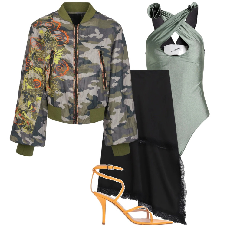 Outfit donna - Total look #2389430. Stile Casual per Serata fuori. Abbinamento con body, infradito, gonne longuette, bomber.