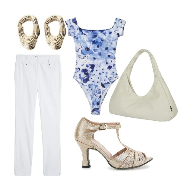 Outfit donna - Invitata alla laurea. Stile Romantica per Cerimonia. Abbinamento con pantaloni, top, orecchini, borse a spalla, décolleté.