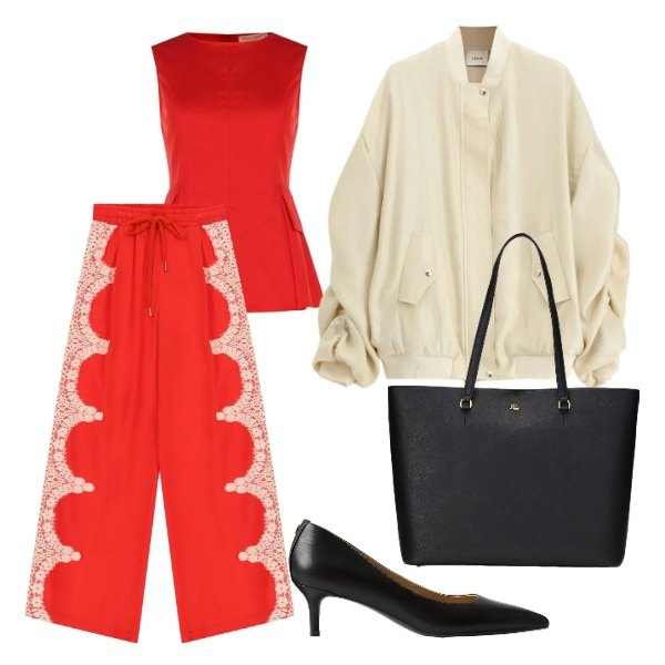 Outfit donna - Occasion Ready-stagione delle cermonie. Stile Glamour per Cerimonia. Abbinamento con canottiere, pantaloni a palazzo, bomber, borse tote, décolleté.