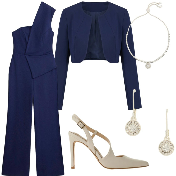 Outfit donna - Navy Chic: Eleganza cerimoniale. Stile Bon Ton per Cerimonia. Abbinamento con tute, décolleté, bolero, orecchini, braccialetti.