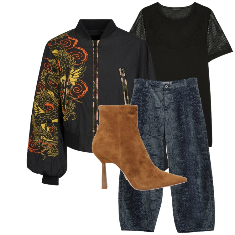 Outfit donna - Total look #2389435. Stile Sporty chic per Serata fuori. Abbinamento con stivaletti, t-shirt, jeans, bomber.