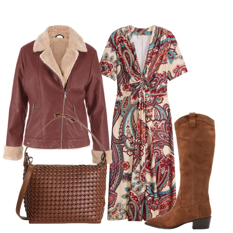 Outfit donna - Abito fantasia per aprile. Stile Casual chic per Tutti i giorni. Abbinamento con stivali, bomber, vestiti midi/longuette, borse a spalla.
