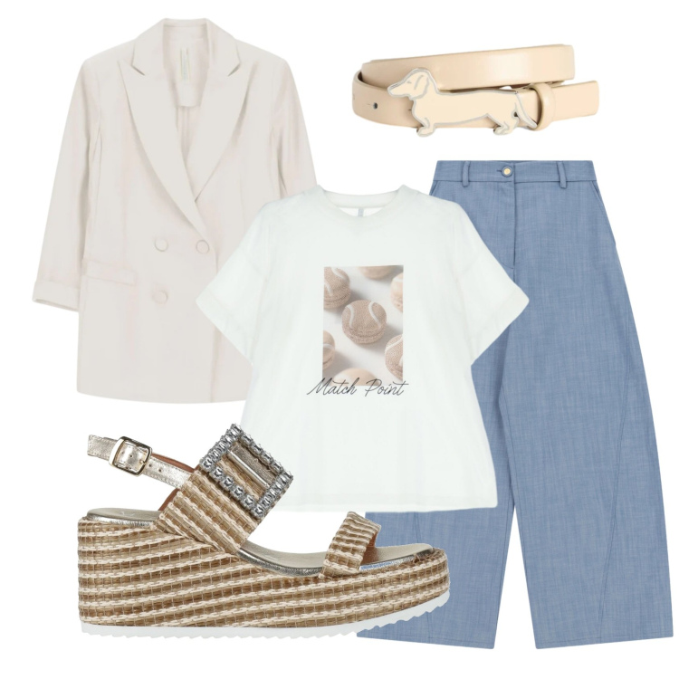 Outfit donna - Total look #2389442. Stile Casual chic per Tutti i giorni. Abbinamento con sandali in pelle, t-shirt, blazer, jeans, cinture.