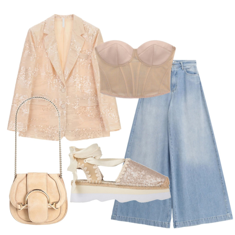 Outfit donna - Total look #2389446. Stile Glamour per Serata fuori. Abbinamento con marsupi, décolleté, jeans, blazer, top.