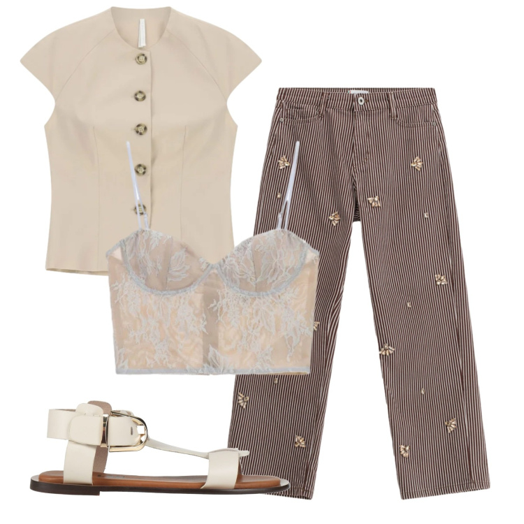 Outfit donna - Total look #2389450. Stile Casual chic per Tutti i giorni. Abbinamento con sandali alla schiava, canottiere, gilet, pantaloni a palazzo.