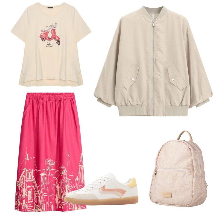 Outfit donna - Torino. Stile Casual chic per Tutti i giorni. Abbinamento con zaini, sneakers, gonne longuette, t-shirt, bomber.