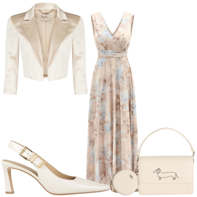 Outfit donna - Cerimonia di sera. Stile Chic per Cerimonia. Abbinamento con décolleté, vestiti lunghi, bolero, borse a tracolla.