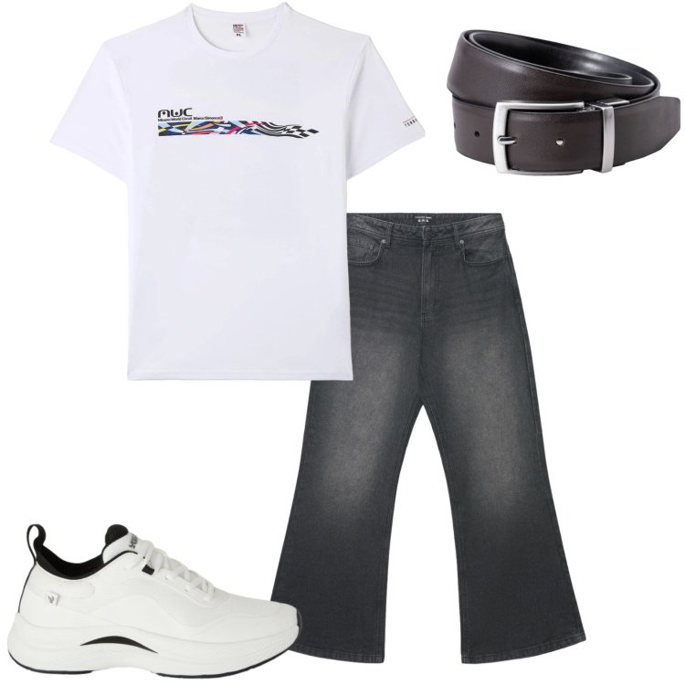 Outfit uomo - La giornata con amici. Stile Casual per Tutti i giorni. Abbinamento con t-shirt, jeans, sneakers, cinture.
