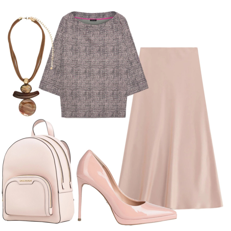 Outfit donna - Total look #2389458. Stile Chic per Ufficio. Abbinamento con zaini, décolleté, gonne lunghe, felpe, ciondoli.