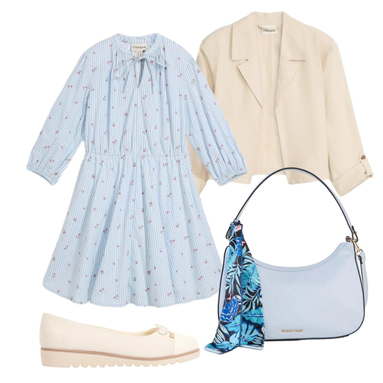 Outfit donna - Curvy- un abito per aprile. Stile Casual chic per Tutti i giorni. Abbinamento con vestiti corti, borse a mano, blazer, ballerine.