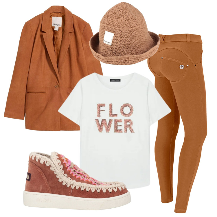 Outfit donna - Total look #2389462. Stile Trendy per Tutti i giorni. Abbinamento con stivaletti, cappelli, blazer, t-shirt, pantaloni skinny.