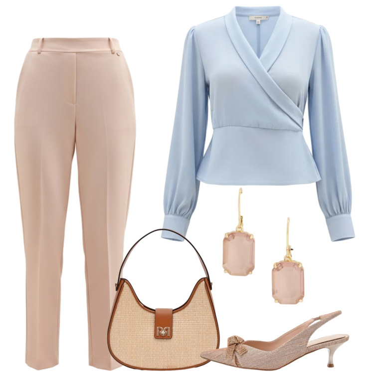 Outfit donna - Delicatezza. Stile Chic per Cerimonia. Abbinamento con borse a spalla, décolleté, bluse, pantaloni, orecchini.