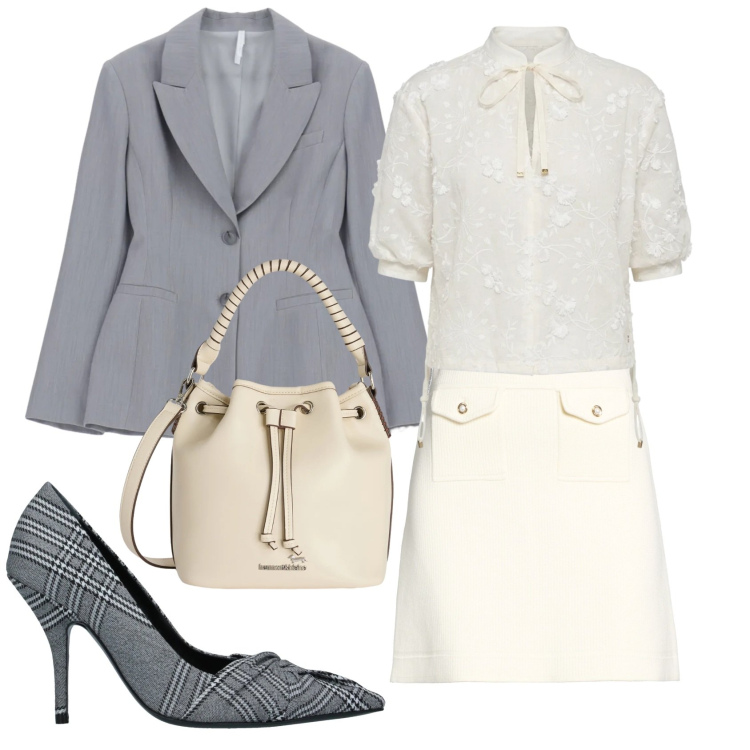 Outfit donna - Total look #2389477. Stile Bon Ton per Ufficio. Abbinamento con décolleté, minigonne, blazer, borse a secchiello, bluse.