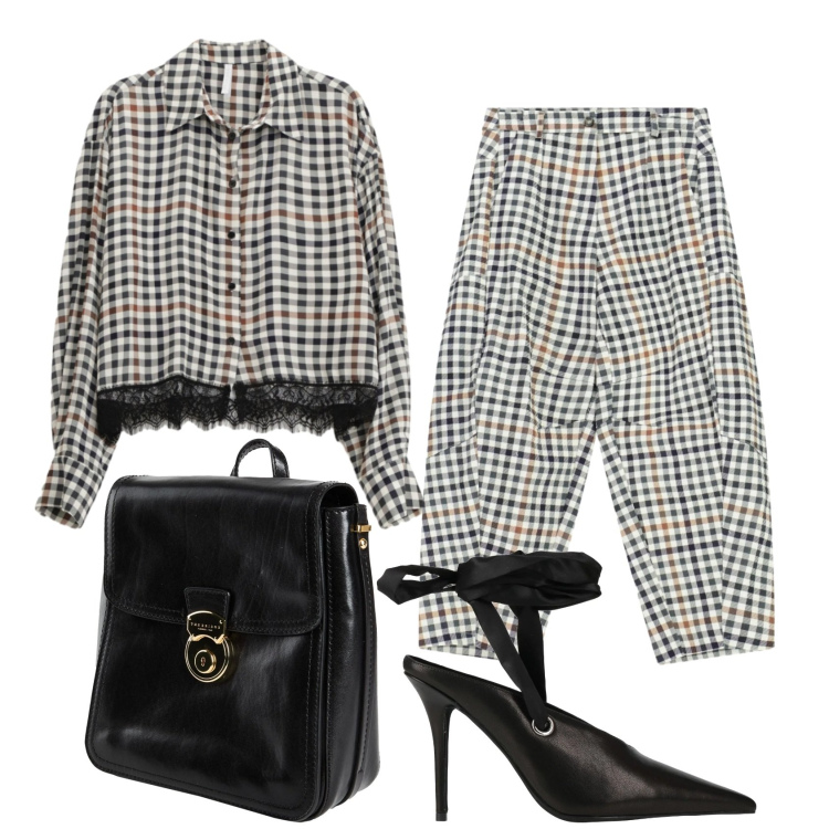 Outfit donna - Total look #2389485. Stile Preppy per Ufficio. Abbinamento con zaini, décolleté, camicie, pantaloni a palazzo.