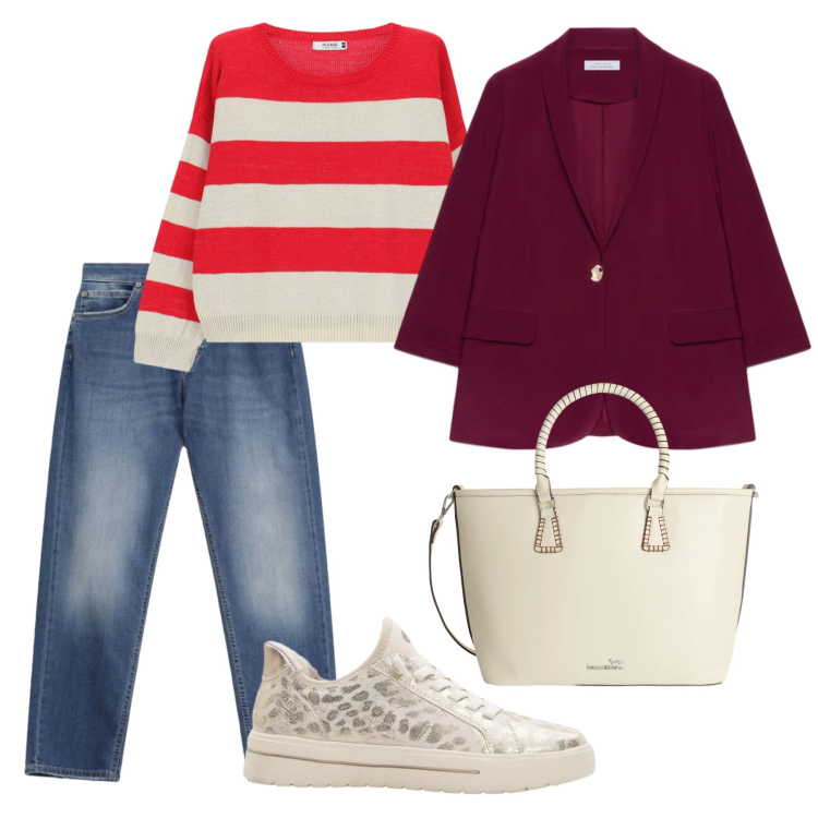 Outfit donna - Total look #2389488. Stile Casual per Scuola/Università. Abbinamento con sneakers, blazer, shopping bag, jeans dritti, maglieria.