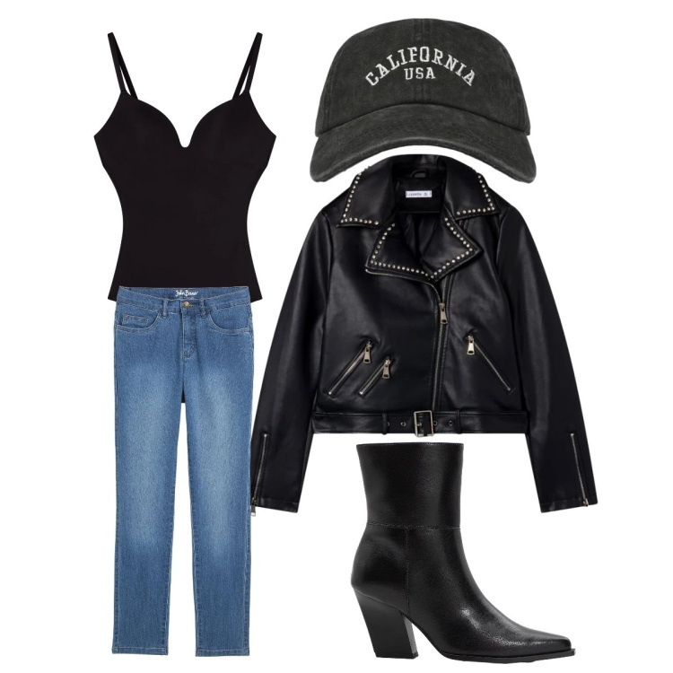 Outfit donna - sexy biker. Stile Rock per Tutti i giorni. Abbinamento con jeans dritti, stivaletti, body, cappelli con visiera, giacche.
