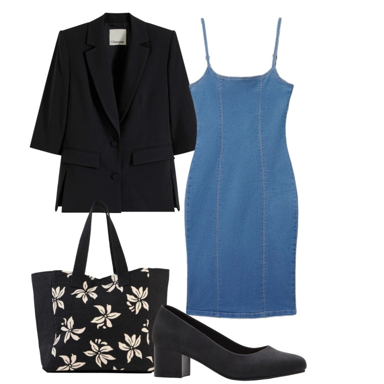 Outfit donna - Curvy basic per il giorno. Stile Basic per Tutti i giorni. Abbinamento con blazer, décolleté, shopping bag, vestiti midi/longuette.