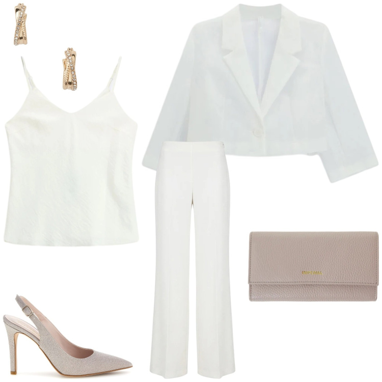 Outfit donna - Total White. Stile Glamour per Cerimonia. Abbinamento con blazer, canottiere, portafogli, pantaloni a palazzo, orecchini, décolleté.