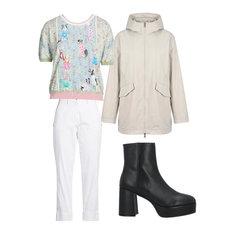 Outfit donna - Bianco candido e fantasia dogs. Stile Casual chic per Ufficio. Abbinamento con pullovers, pantaloni, stivaletti, blazer.