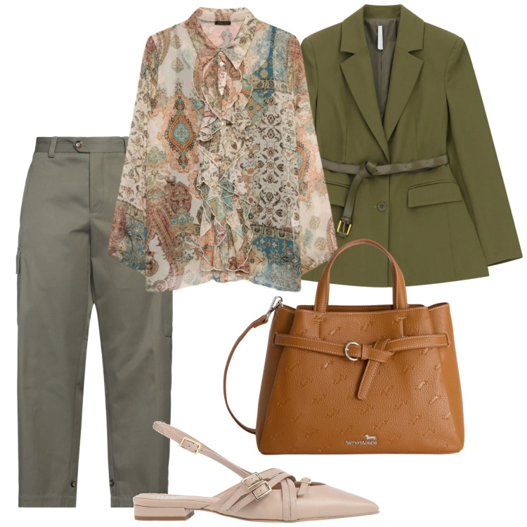 Outfit donna - Lunedì in ufficio. Stile Glamour per Ufficio. Abbinamento con pantaloni cargo, ballerine, blazer, camicie, borse a mano.