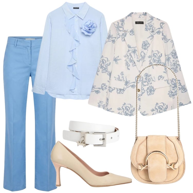 Outfit donna - Università. Stile Glamour per Scuola/Università. Abbinamento con marsupi, décolleté, blazer, camicie, pantaloni, cinture.
