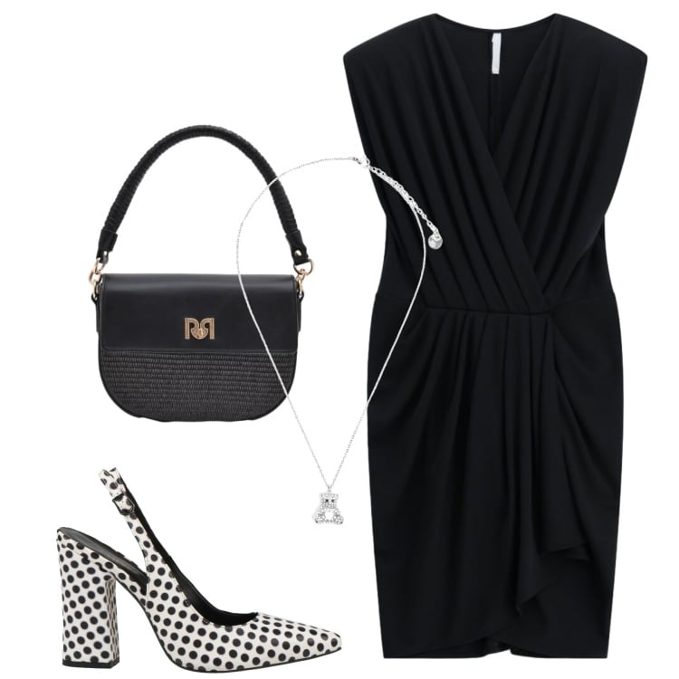 Outfit donna - Eleganza in nero. Stile Bon Ton per Tutti i giorni. Abbinamento con décolleté, vestiti asimmetrici, borse a spalla, ciondoli.