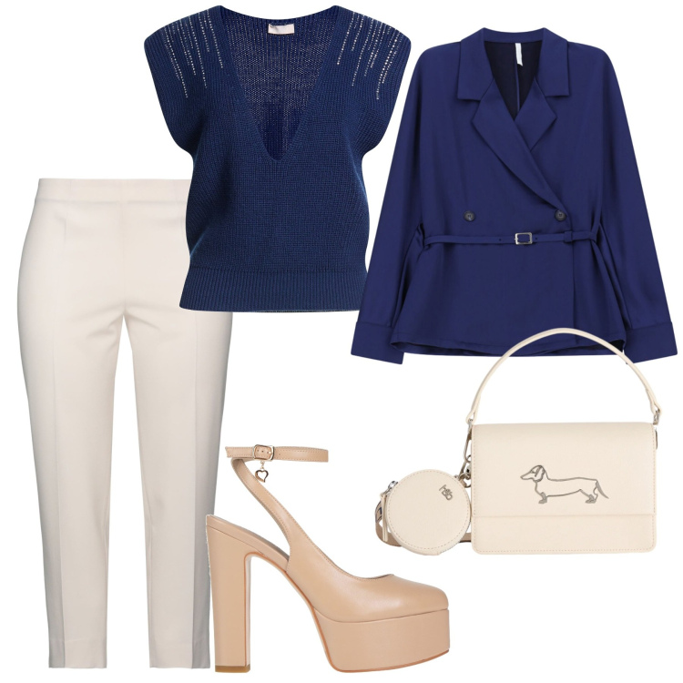 Outfit donna - Una donna in carriera. Stile Chic per Ufficio. Abbinamento con décolleté, pullovers, pantaloni, blazer, borse a tracolla.