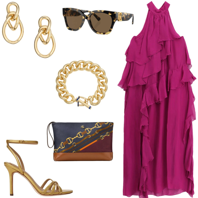 Outfit donna - Un outfit da cerimonia a modo mio. Stile Glamour per Cerimonia. Abbinamento con vestiti lunghi, occhiali da sole, pochette, orecchini, braccialetti, sandali in pelle.