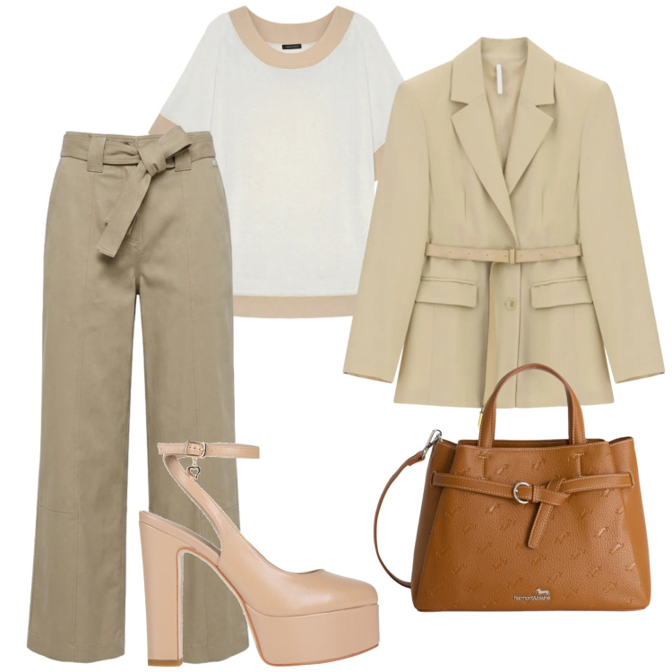 Outfit donna - In ufficio. Stile Glamour per Ufficio. Abbinamento con décolleté, blazer, t-shirt, borse a mano, pantaloni.