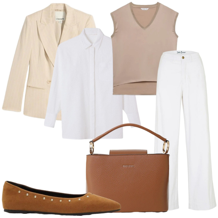 Outfit donna - Maggio che mi metto. Stile Glamour per Tutti i giorni. Abbinamento con jeans, blazer, ballerine, top, camicie, borse a secchiello.
