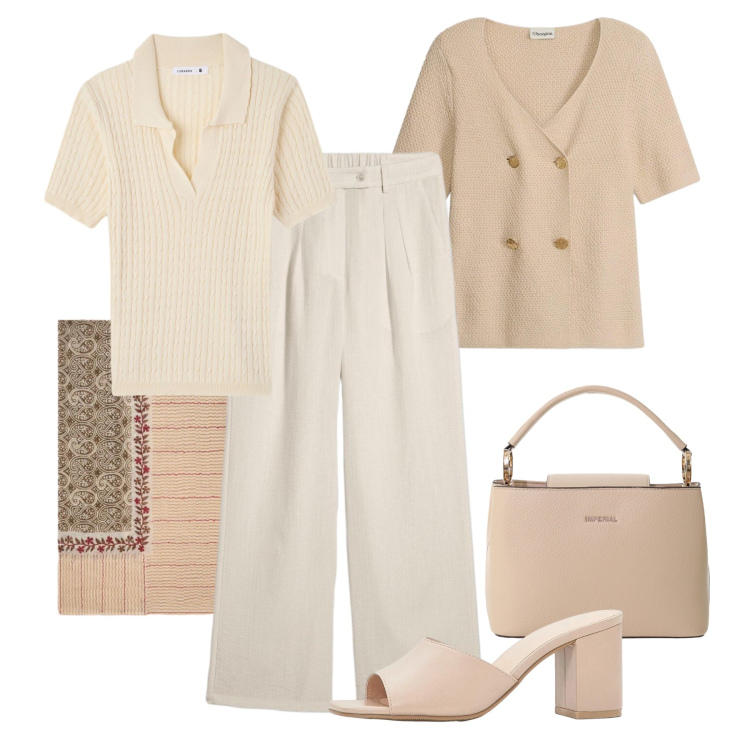 Outfit donna - Panna e cappuccino al lavoro. Stile Glamour per Ufficio. Abbinamento con pantaloni, cardigans, sandali col tacco, polo, borse a secchiello, sciarpe.