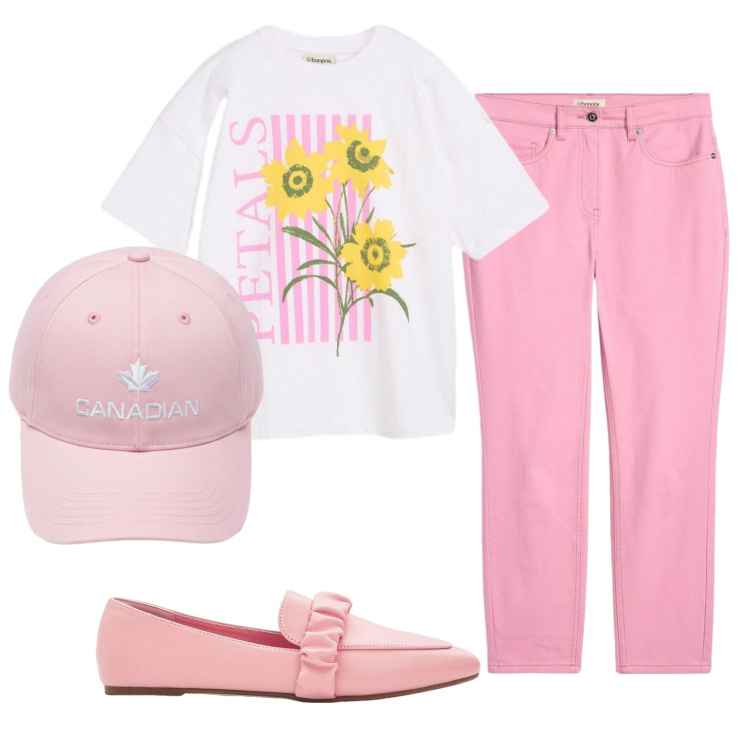 Outfit donna - Total look #2389513. Stile Casual per Tutti i giorni. Abbinamento con t-shirt, mocassini, pantaloni, berretti.