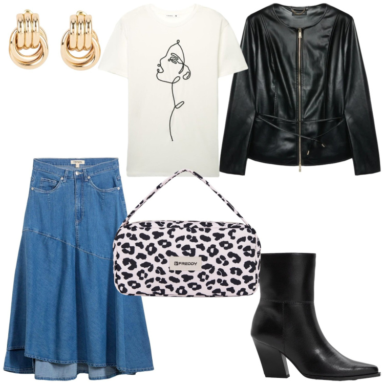 Outfit donna - Outfit primavera 2026. Stile Trendy per Tutti i giorni. Abbinamento con gonne longuette, stivaletti, orecchini, t-shirt, blazer, borse a spalla.