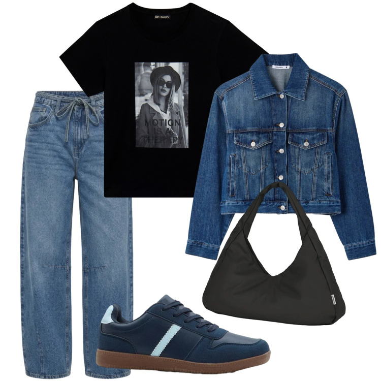 Outfit donna - Tutto denim. Stile Casual per Tutti i giorni. Abbinamento con sneakers, jeans, cappotti, borse a spalla, t-shirt.