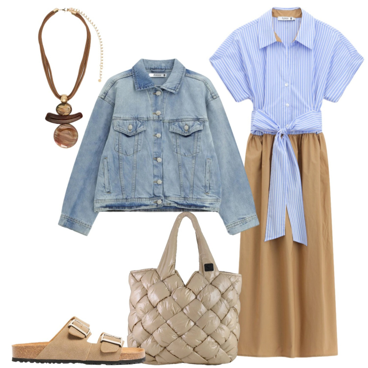 Outfit donna - Al festival. Stile Casual per Tutti i giorni. Abbinamento con ciabatte, ciondoli, vestiti midi/longuette, blazer, borse tote.