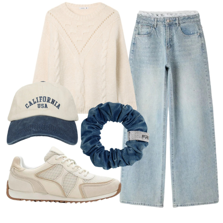 Outfit donna - Total look #2389523. Stile Casual per Tutti i giorni. Abbinamento con sneakers alte, maglieria, cappelli con visiera, jeans, accessori per capelli.