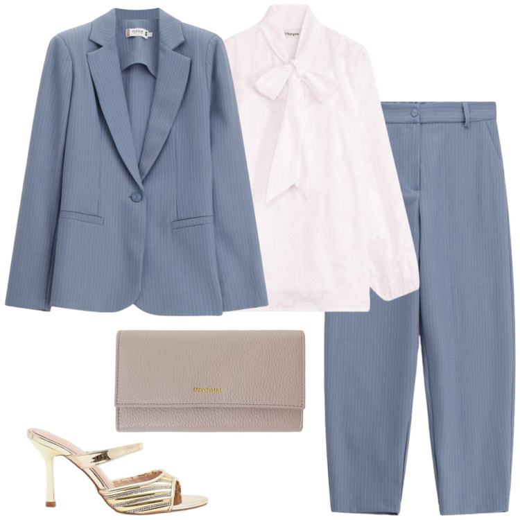Outfit donna - Elegante in gessato. Stile Chic per Cerimonia. Abbinamento con bluse, blazer, pantaloni, portafogli, sabot.