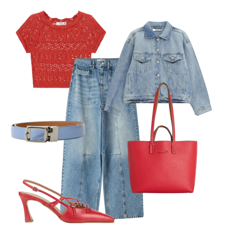 Outfit donna - Rosso e denim urbano. Stile Trendy per Tutti i giorni. Abbinamento con décolleté, jeans, cinture, top, blazer, shopping bag.