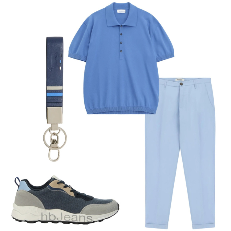 Outfit uomo - Colori del cielo. Stile Trendy per Serata speciale. Abbinamento con polo, pantaloni, portachiavi, sneakers.