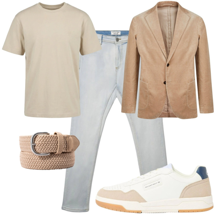 Outfit uomo - Sabbia e azzurro. Stile Casual per Tutti i giorni. Abbinamento con sneakers, jeans skinny, t-shirt, giacche, cinture.