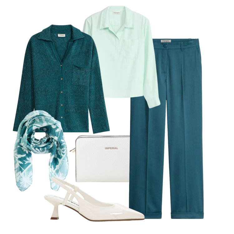 Outfit donna - Evento informale. Stile Glamour per Serata fuori. Abbinamento con pantaloni, décolleté, foulard, tuniche, cardigans, borse a tracolla.
