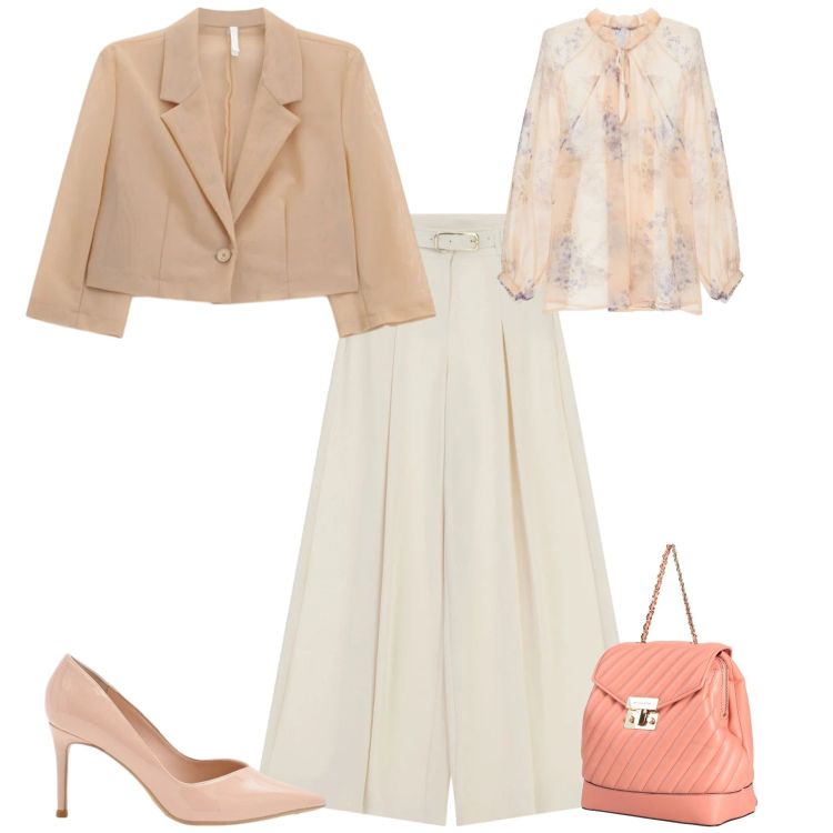 Outfit donna - Chic cerimonia evento ufficio. Stile Chic per Cerimonia. Abbinamento con zaini, bluse, pantaloni a palazzo, blazer, décolleté.