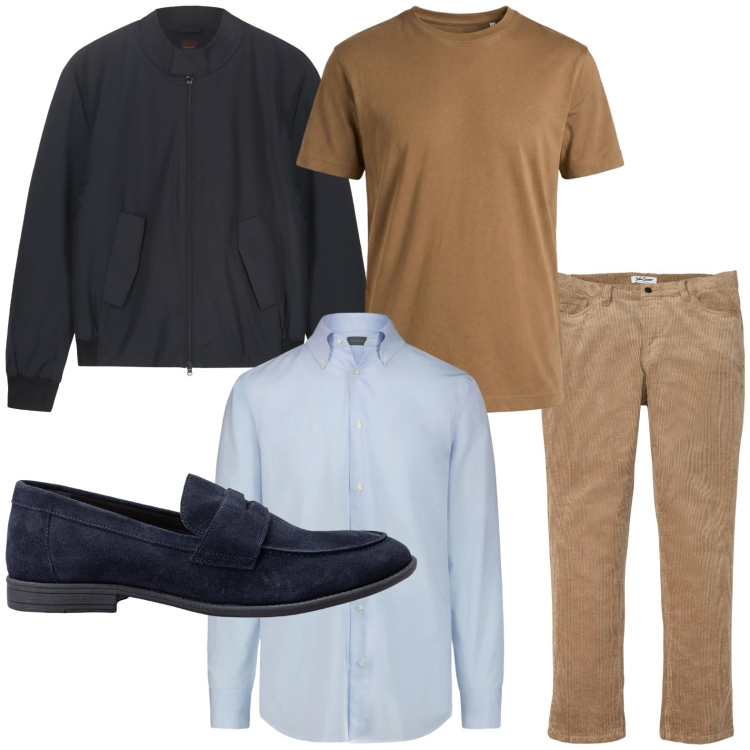 Outfit uomo - Strati. Stile Casual per Tutti i giorni. Abbinamento con pantaloni, t-shirt, bomber, camicie, scarpe stringate.