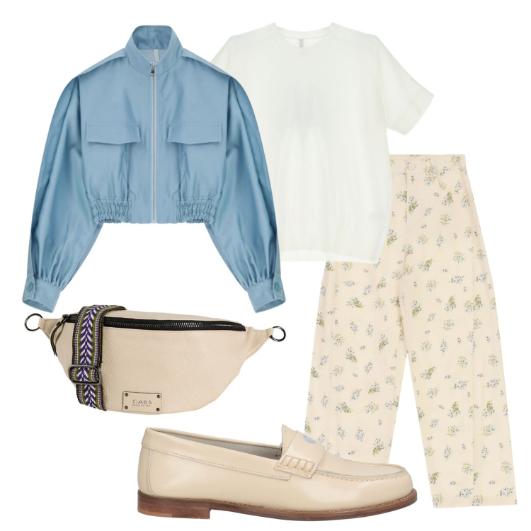 Outfit donna - Mocassini per l\'ufficio. Stile Casual chic per Ufficio. Abbinamento con marsupi, mocassini, bomber, t-shirt, pantaloni a palazzo.