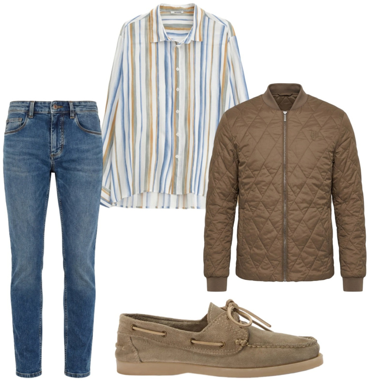 Outfit uomo - Righe e jeans. Stile Trendy per Tutti i giorni. Abbinamento con camicie, piumini, jeans slim fit, scarpe stringate.